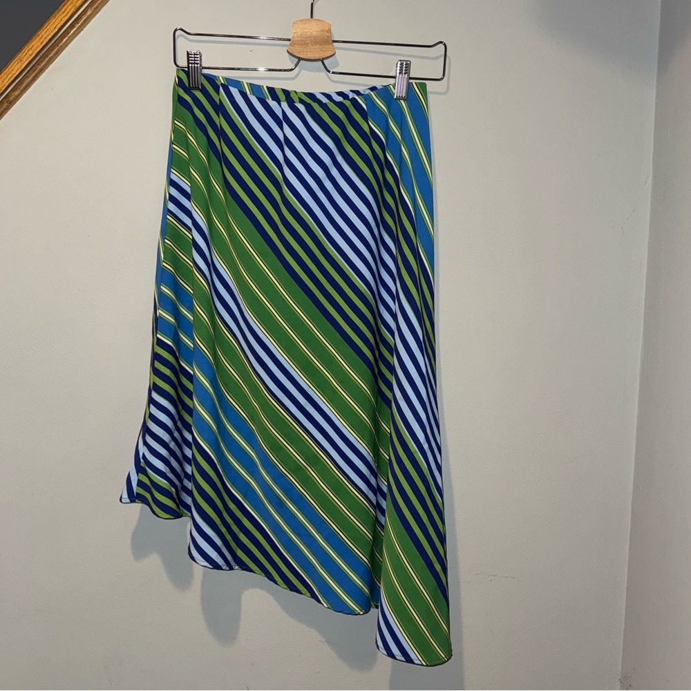 Y2K Asymmetrical Striped Green and Blue Skirt Small Elastic Waist